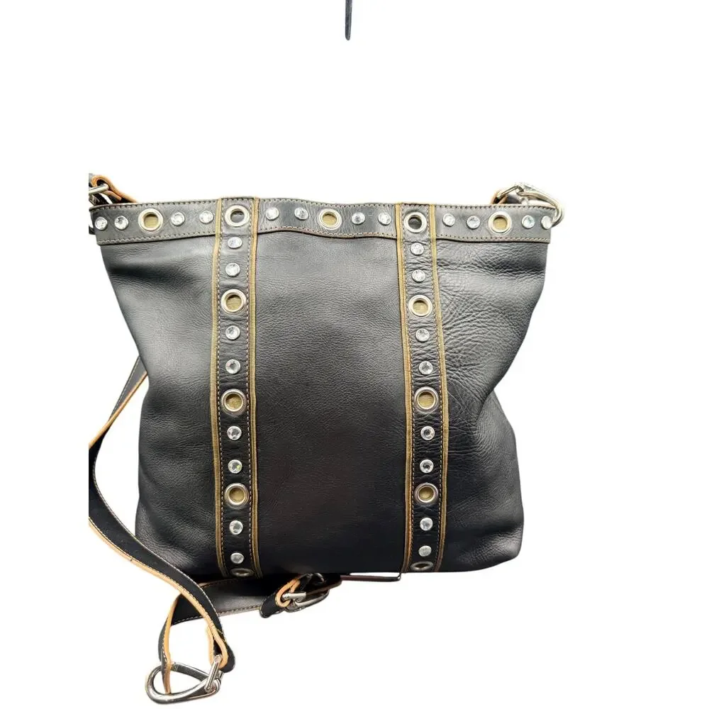 Franco Sarto Black Leather Studded Grommet Tote Shoulder Bag